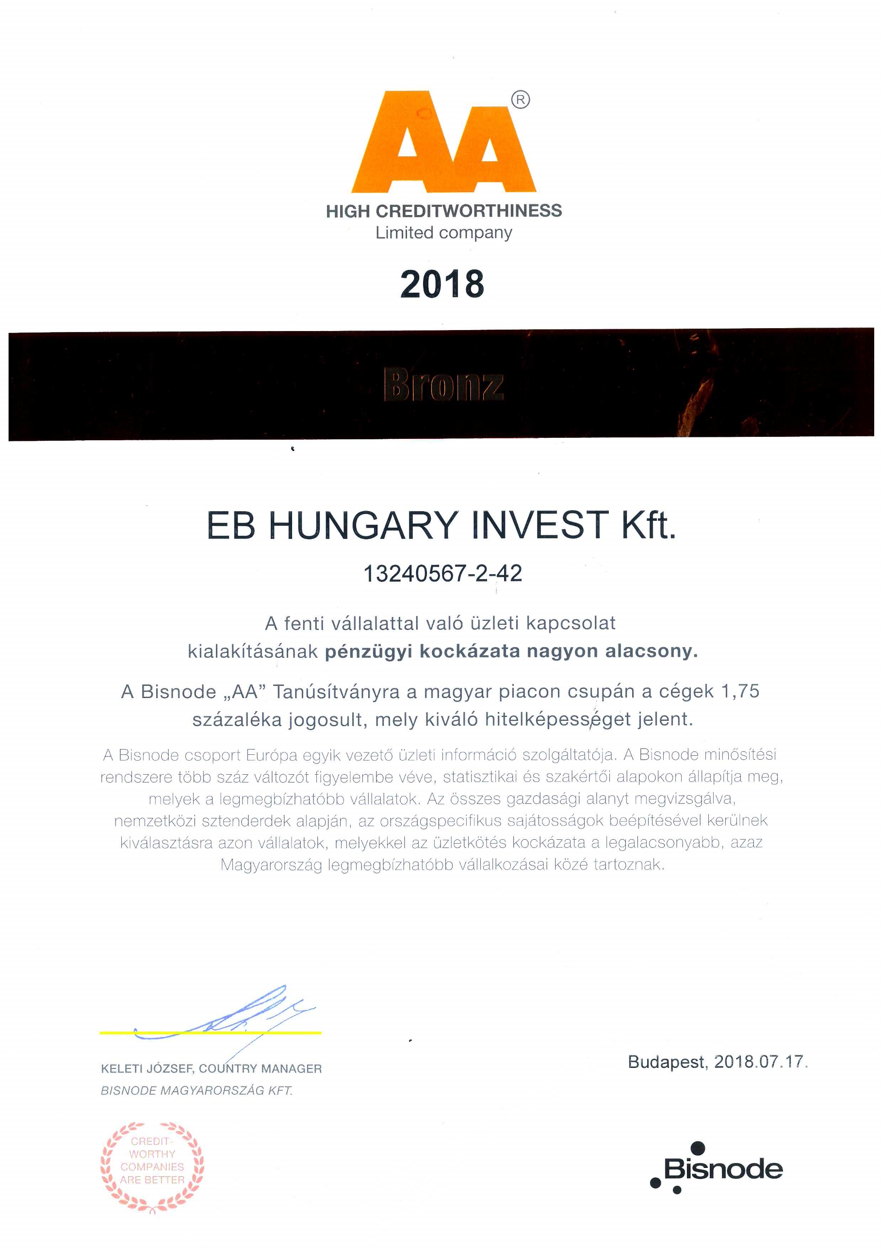 Bisnode Tanúsítvány „AA” Oklevél-EB HUNGARY INVEST Kft. 2018.