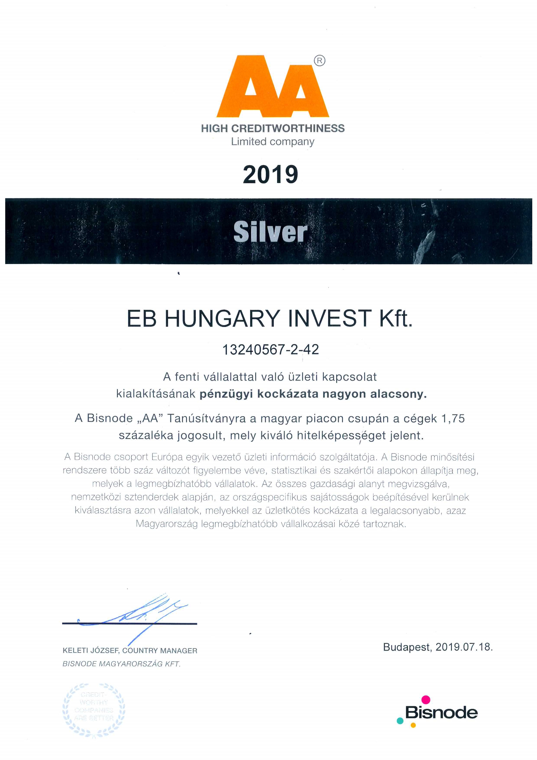 Bisnode Tanúsítvány „AA” Oklevél-EB HUNGARY INVEST Kft. 2019.