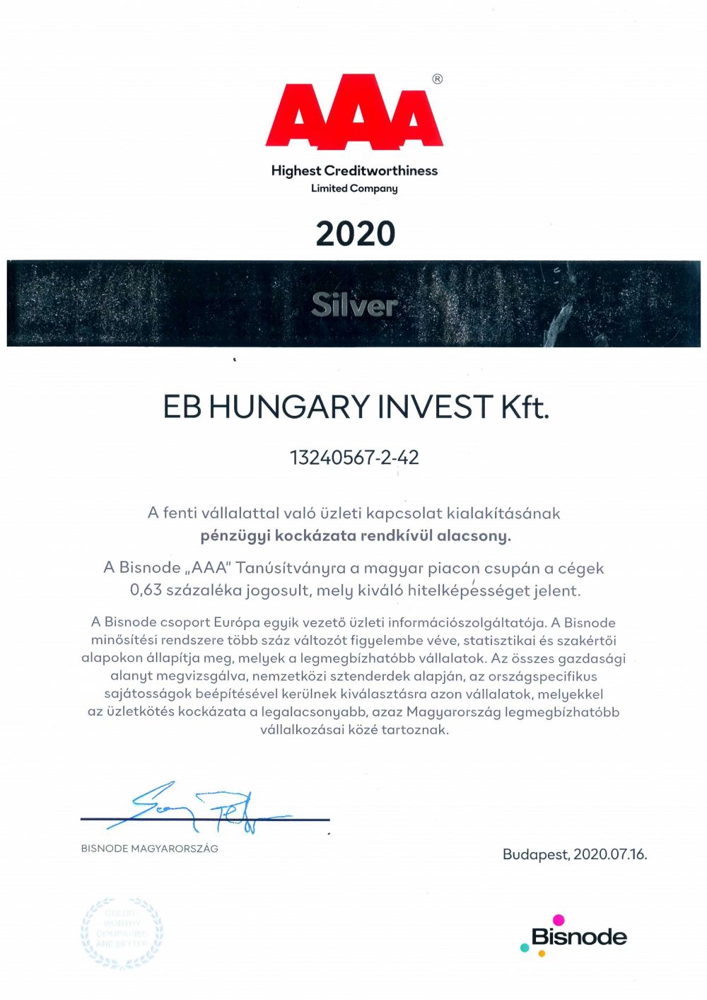 Bisnode Tanúsítvány „AAA” Oklevél-EB HUNGARY INVEST Kft. 2020.