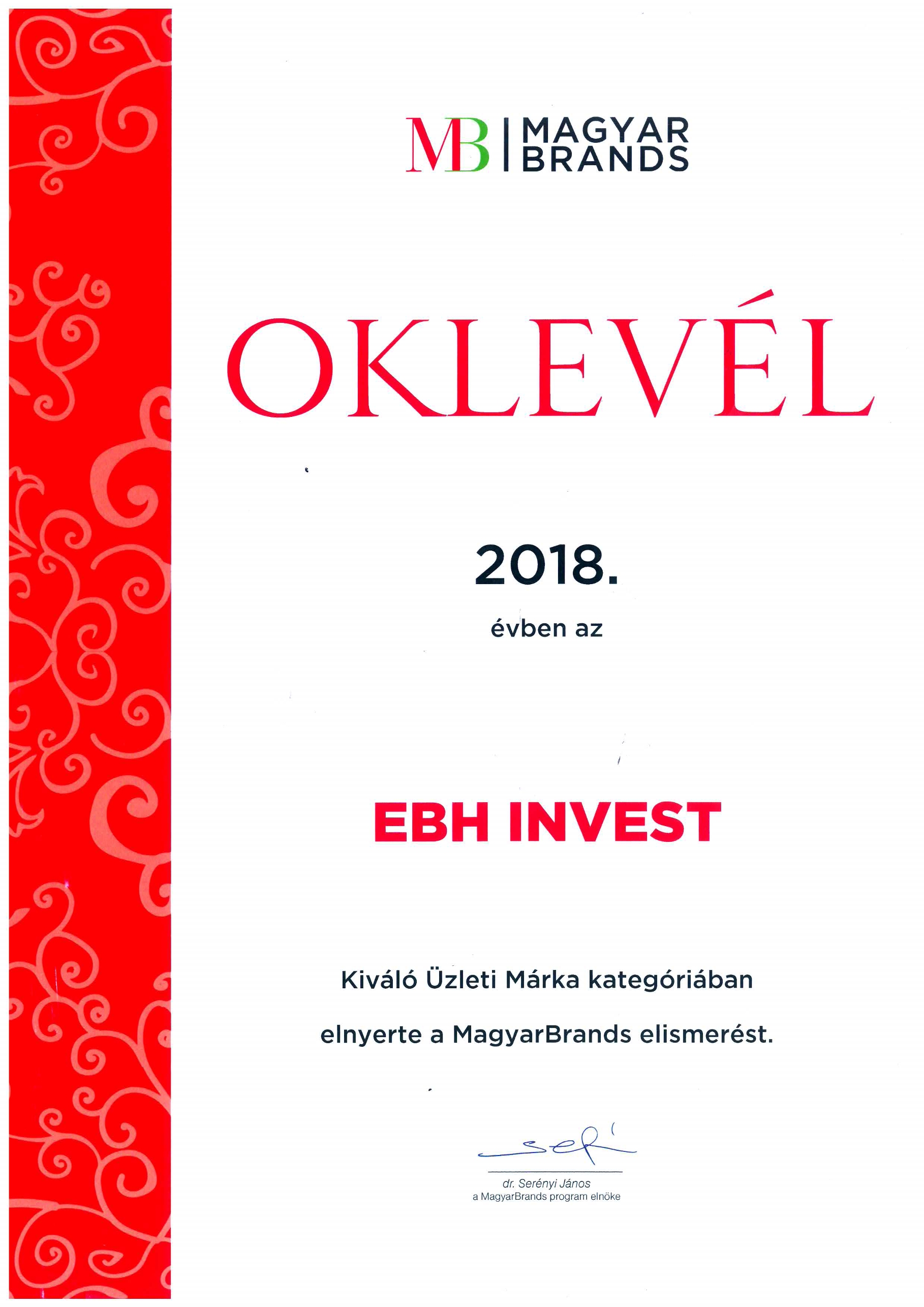 Az EB HUNGARY INVEST Kft. immár kétszeres díjazott a MagyarBrands üzleti kategóriában.